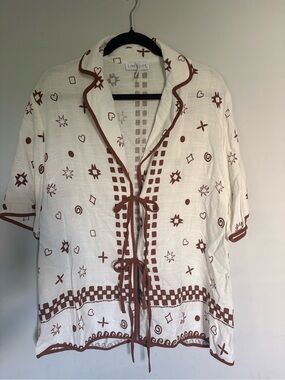 Linen Blend Tie-Front Blouse Southwestern Tribal Print White & Brown | Size 12